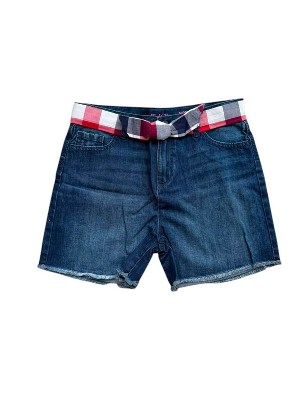 The Children’s Place Girls Size 14 Denim Shorts Plaid Belt NWT.